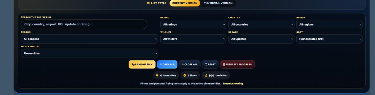 PG Hangar search, filter, sorting and personal flying controls with numbered callouts