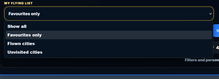 My Flying List dropdown showing all, favourites, flown and unvisited options