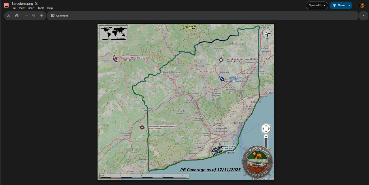 A PG Hangar photogrammetry coverage map showing the outlined Barcelona coverage area