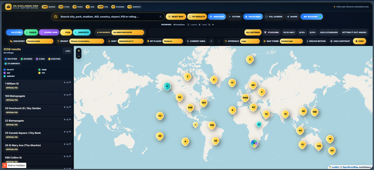 PG Explorer Map showing thousands of PG cities, parks, POIs and airports across the world